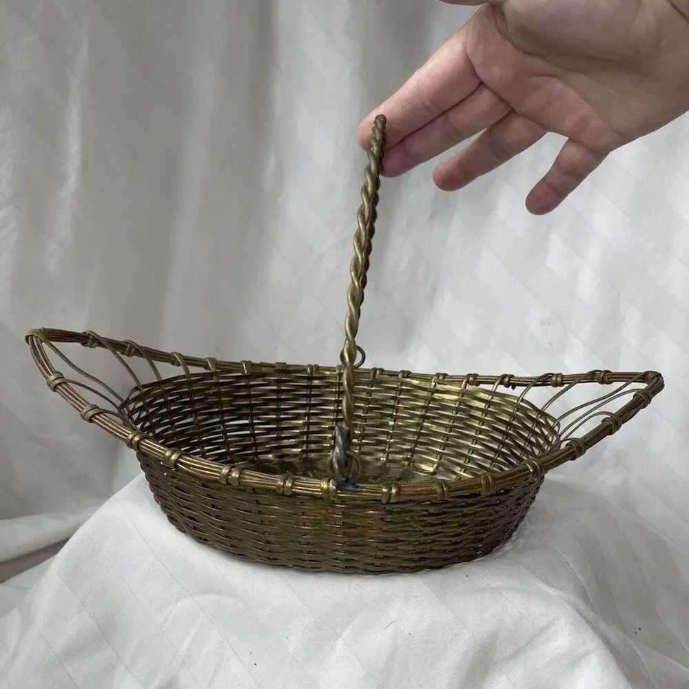 Oval Brass Metal Wire Woven Basket w/ Handle, Made in India, 11in long